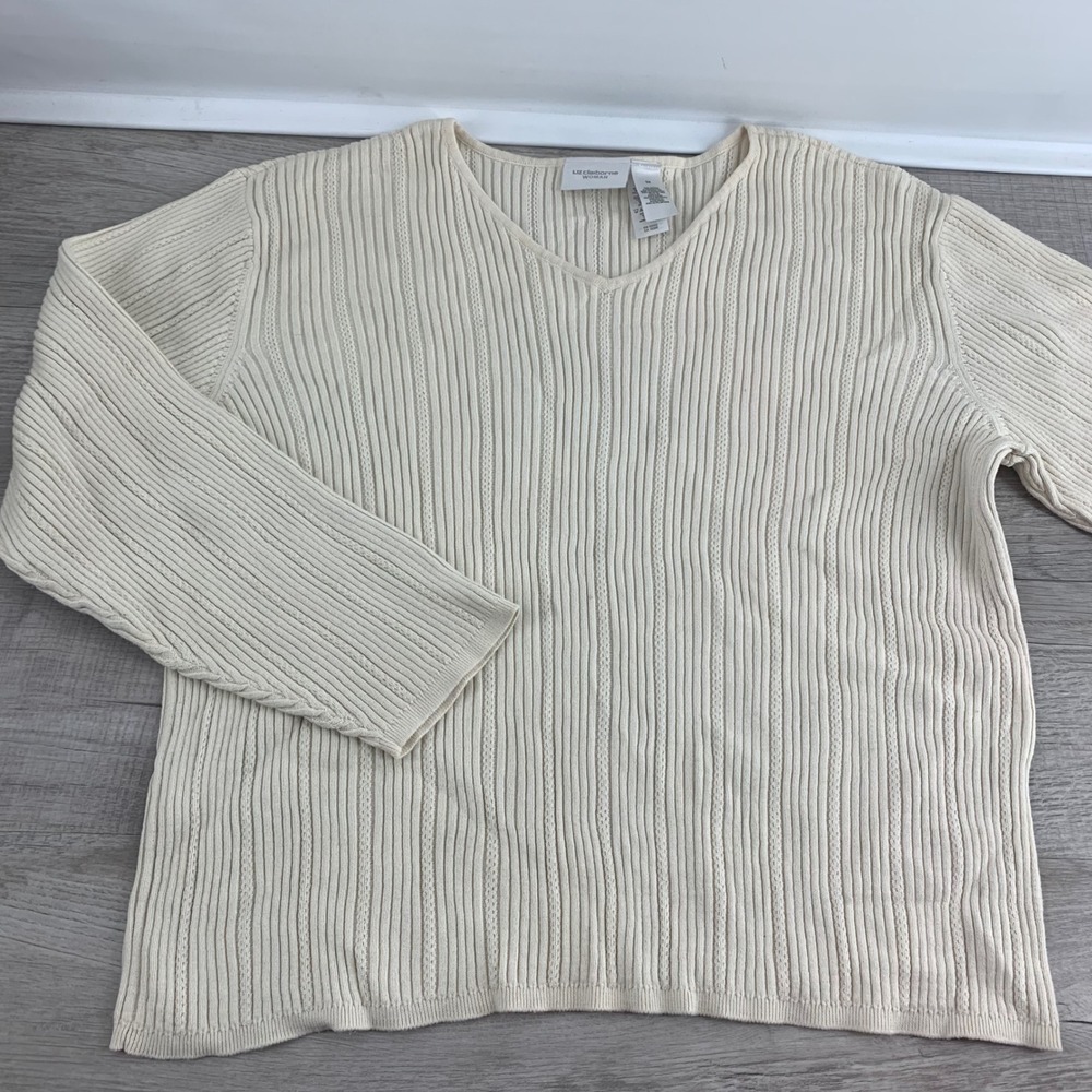 Liz Claiborne Woman Cream Ribbed V-Neck Cotton Sweater Plus Size 3X Long Sleeve